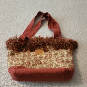 Vintage 80's Boho Paisley Floral Print Fringe Burlap Lined Shoulder Bag Festival